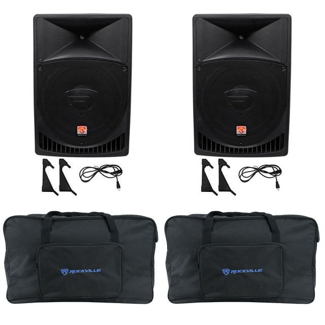 (2) Rockville RPG15 15" Powered 2000w DJ PA Speakers+Weatherproof Speaker Bags