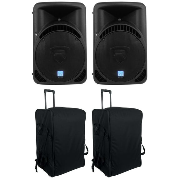 2 Rockville RPG15BT 15" Powered Bluetooth DJ Wireless Link Speakers+Rolling Bags