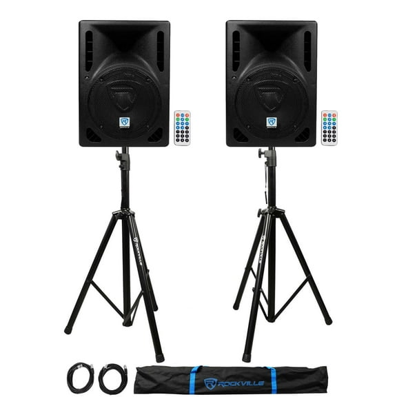 (2) Rockville RPG8BT 8" 800w Powered BlueTooth/USB DJ Speakers+Stands+Cables