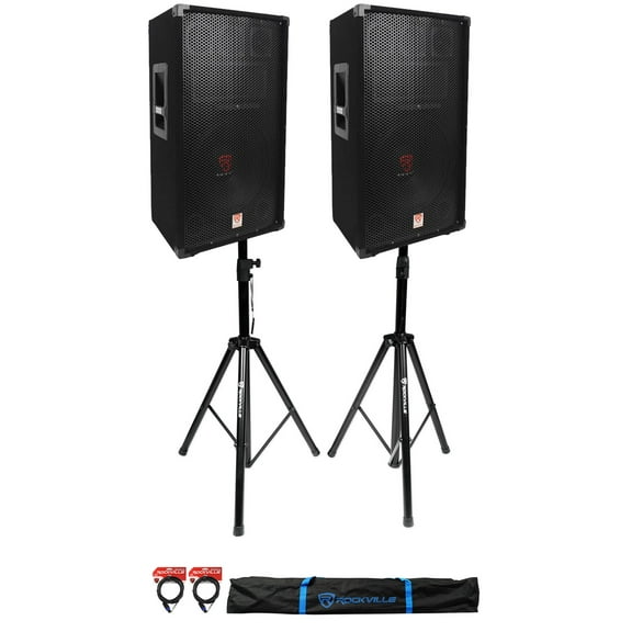 (2) Rockville RSG12 12 3-Way 1000 Watt 8 Ohm Passive DJ PA Speaker +Stands +Cables
