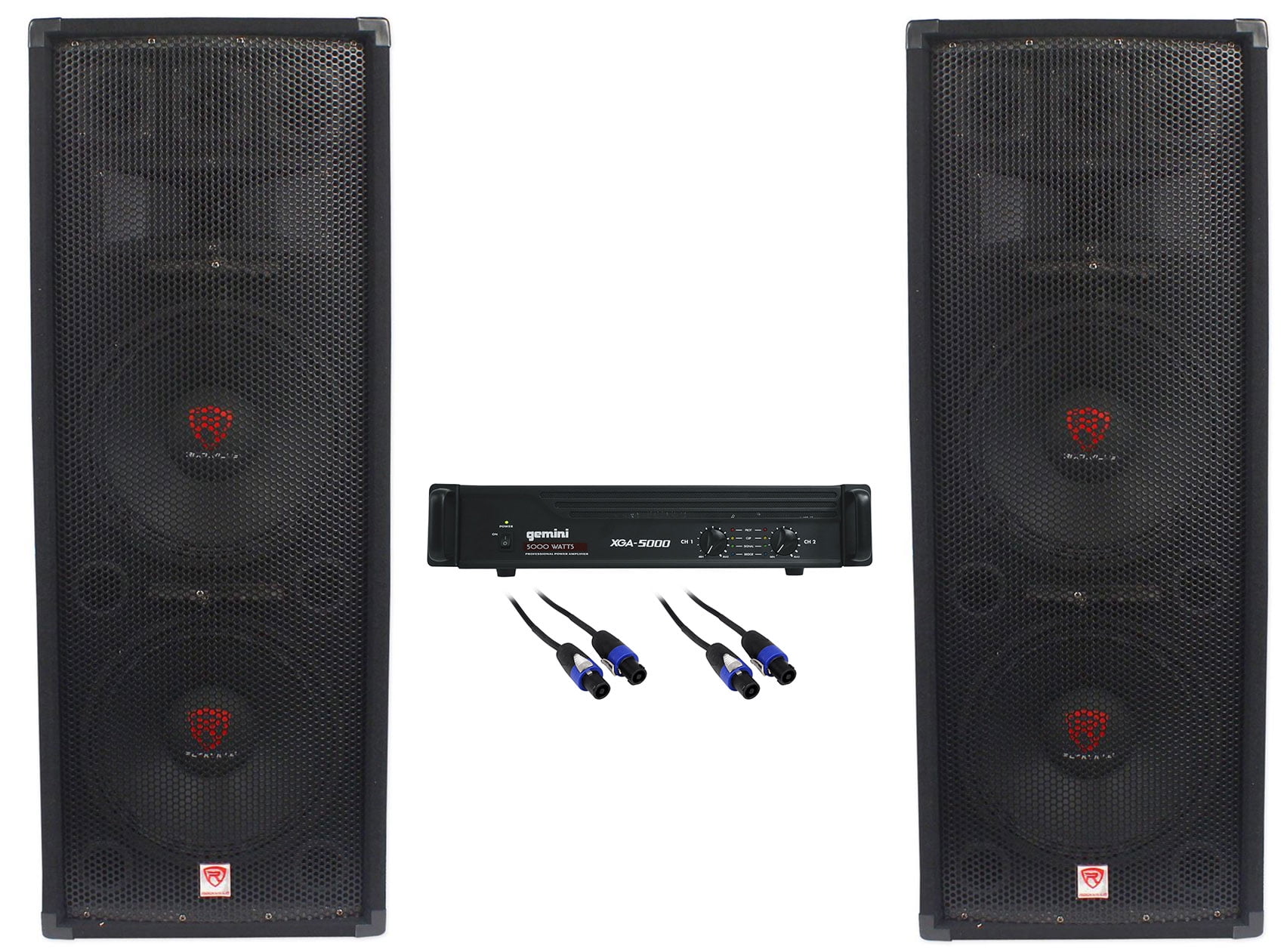 (2) Rockville RSG12.28 Dual 12 2000w DJ/Pro PA Speakers+Gemini Amplifier+Cables