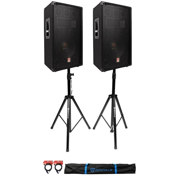 2) Rockville RSG12.4 12 3-Way 1000w 4-Ohm Passive DJ Speakers+Stands+Cables+Bag
