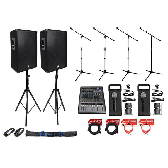 2) Rockville RSG15 15” 3-Way DJ PA Speakers+Powered Mixer+Mics+Stands+Cables
