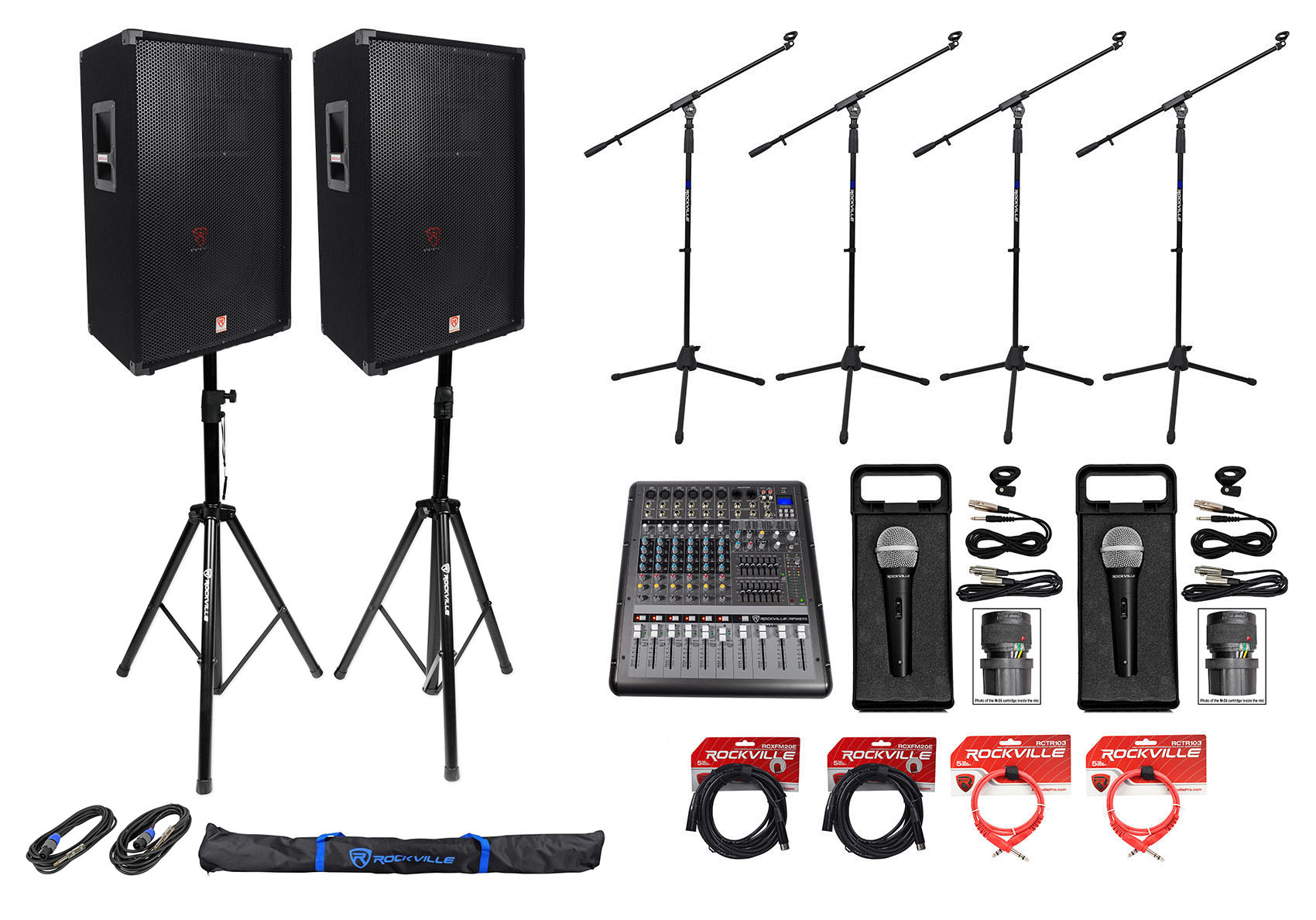 2) Rockville RSG15 15” 3Way DJ PA Speakers+Powered Mixer+Mics+Stands