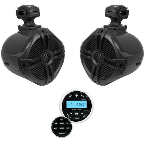 (2) Rockville RWB70B Black 6.5" Marine Wakeboard Swivel Tower Speakers+Receiver
