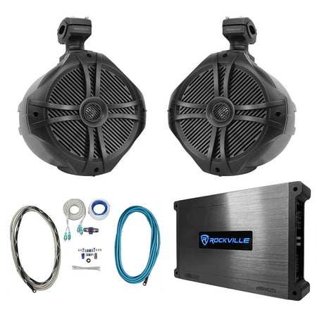 (2) Rockville RWB90B Black 8" Marine Wakeboard Swivel Tower Speakers+Amplifier