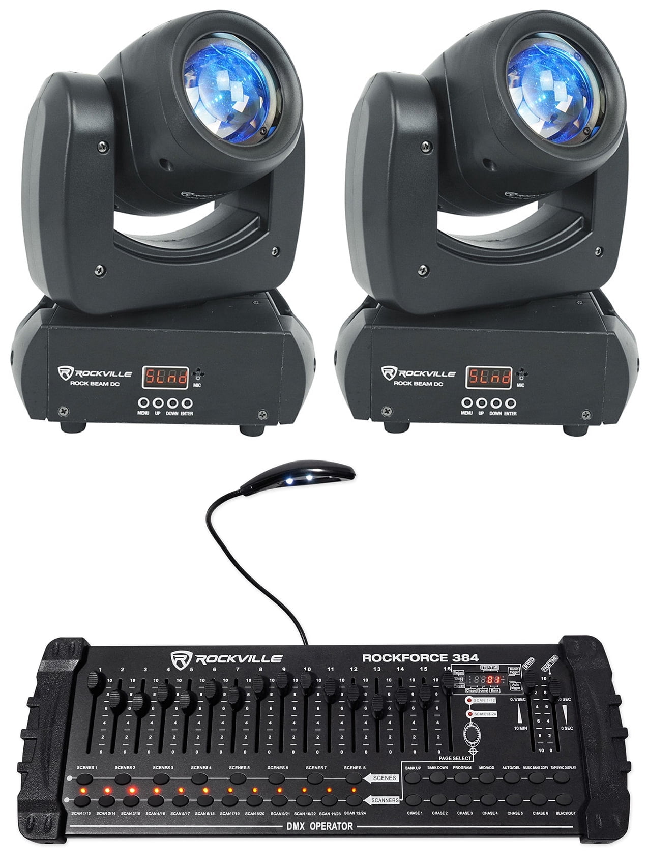 (2) Rockville Rock Beam DC DJ Club Stage Pro Moving Head Lights+DMX Controller