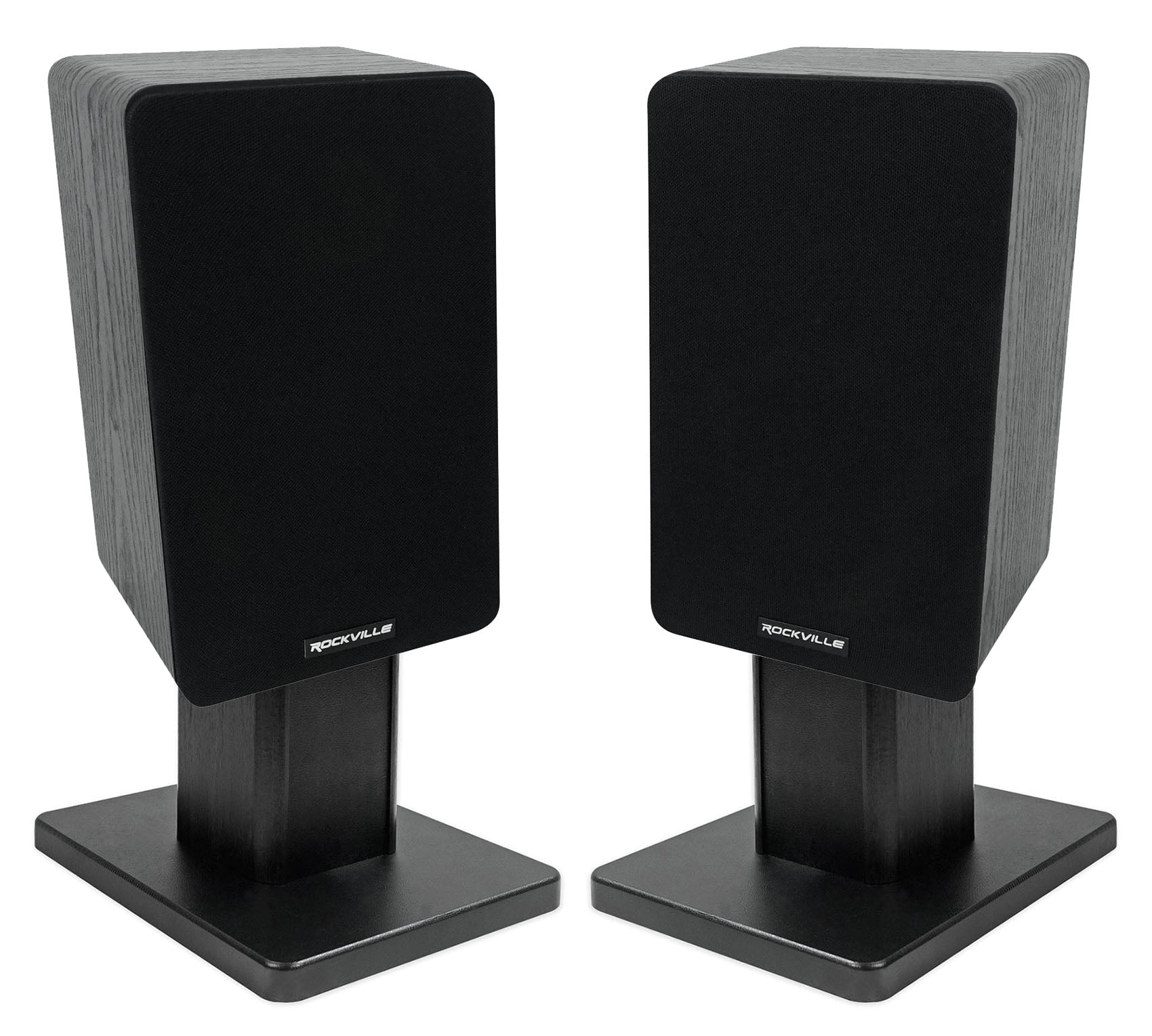2) Rockville RockShelf 54B Black 5.25" Home Bookshelf Speakers+8" Speaker Stands