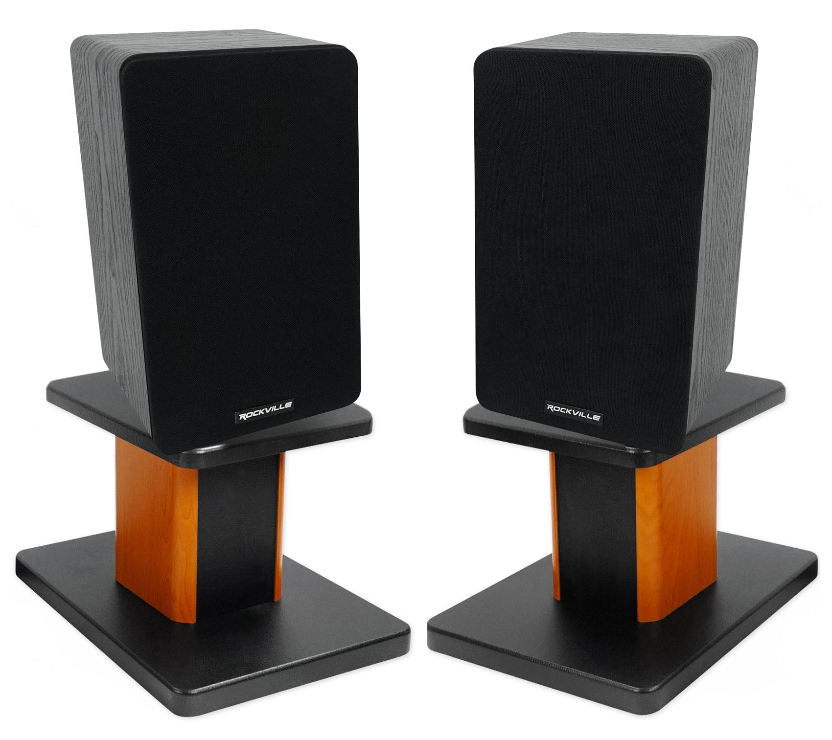 (2) Rockville RockShelf 54B Black 5.25" Home Bookshelf Speakers+8" Wood Stands