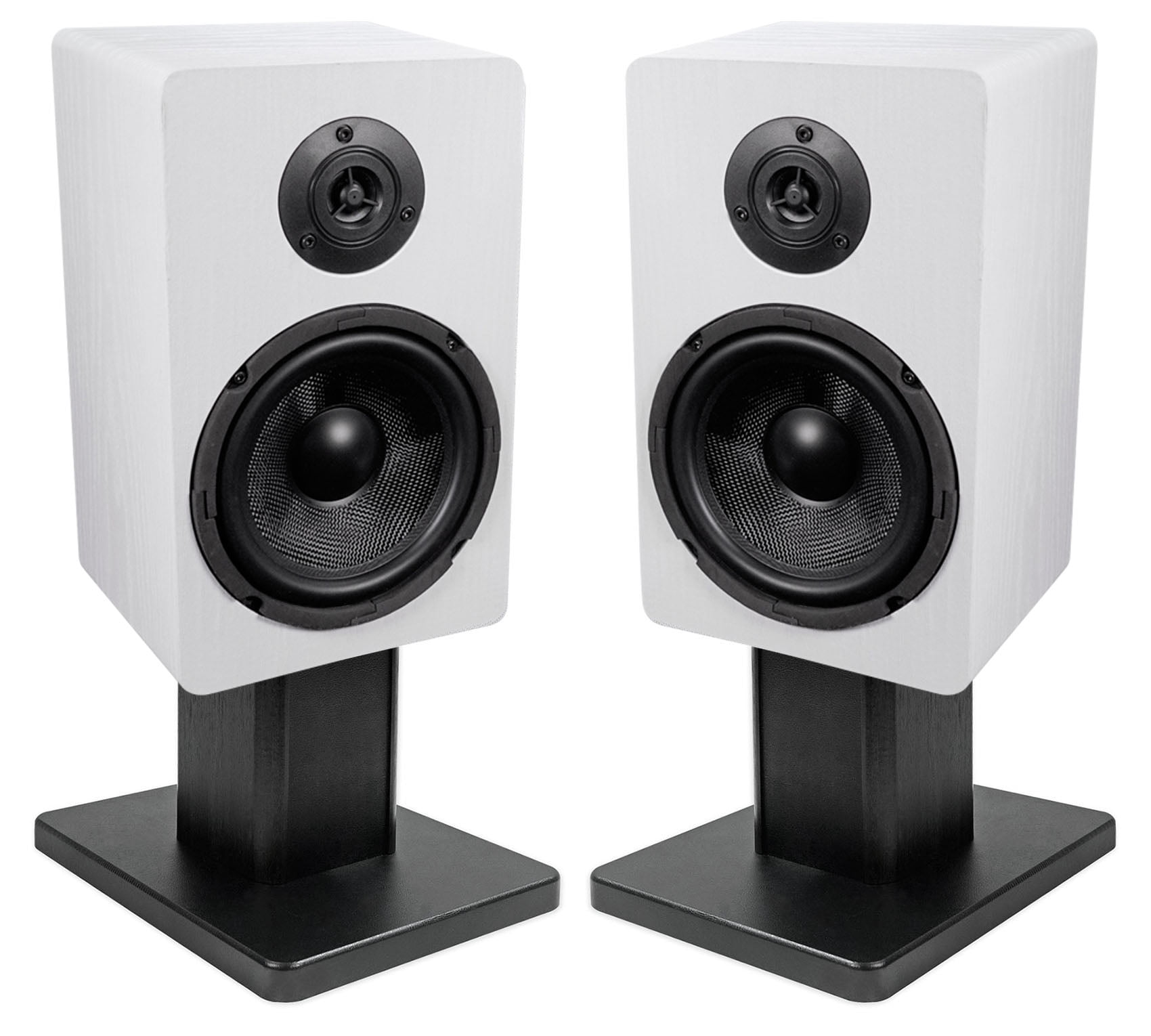 (2) Rockville RockShelf 64W White 6.5" Home Bookshelf Speakers+8" Speaker Stands
