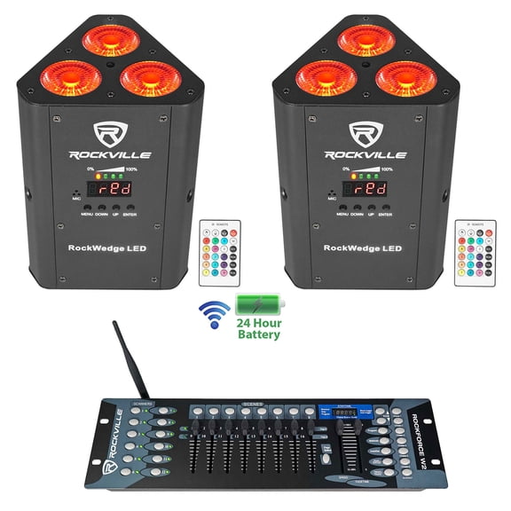 (2) Rockville RockWedge LED Battery Powered Par Lights+Wireless DMX Controller