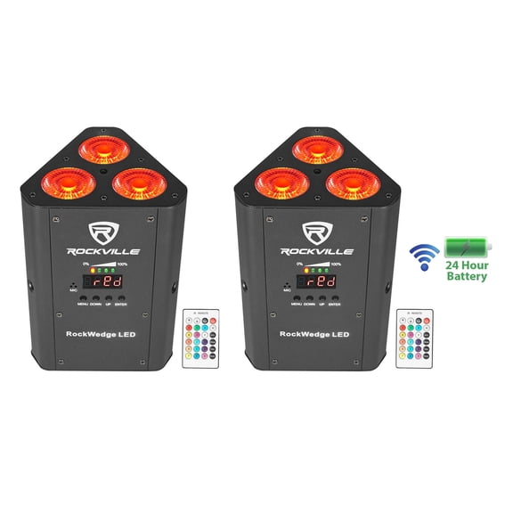 (2) Rockville RockWedge LED RGBWA+UV Rechargeable Wireless DMX DJ Par Up-Lights