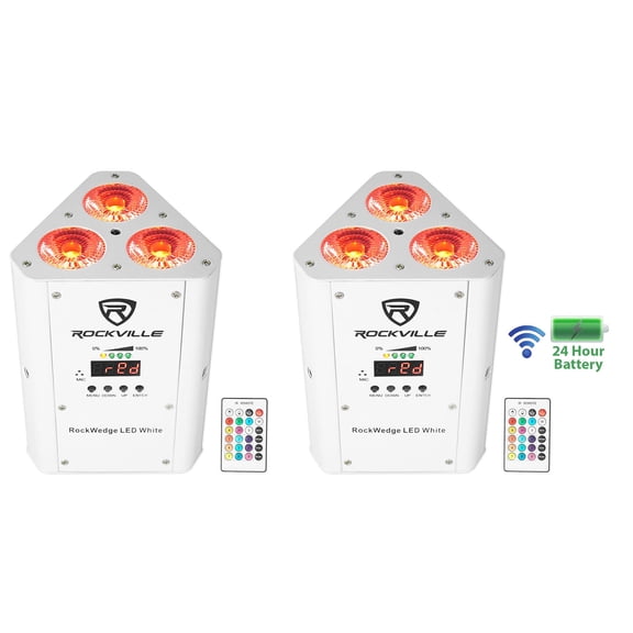 2 Rockville RockWedge LED RGBWA+UV Rechargeable Wireless DMX White Par Up-Lights