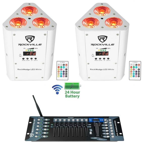 (2) Rockville RockWedge LED White Battery Powered Lights+Wireless DMX Controller