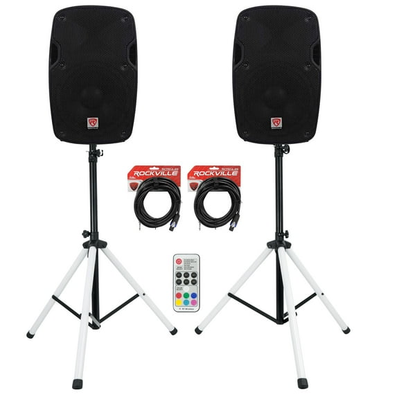 (2) Rockville SPG88 8" Passive 400w DJ PA Speakers+Stands w/LED's+Remote+Cables