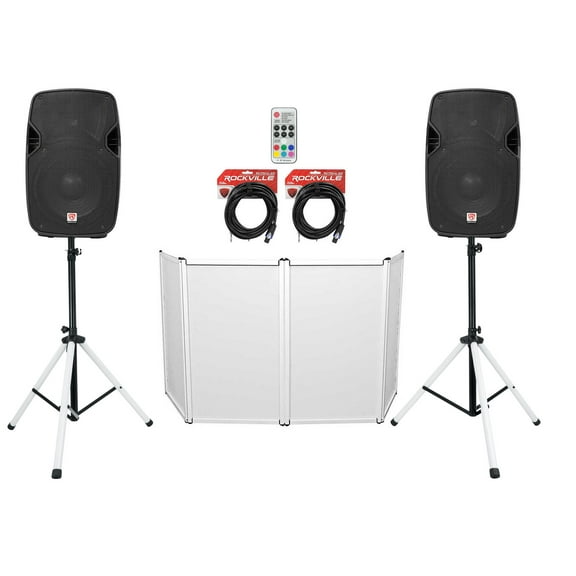 2) Rockville SPGN108 10" 800w DJ PA Speakers+Stands w/LED's+Remote+Cables+Facade