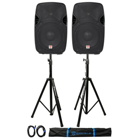 2) Rockville SPGN108 10" Passive 800W ABS Plastic PA Speakers+Stands+Cables+Bags