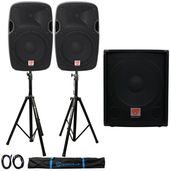 (2) Rockville SPGN128 12" Passive 1200W 8-Ohm DJ PA Speakers+Passive Sub+Stands