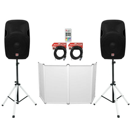 2 Rockville SPGN154 15" 1600w DJ PA Speakers+Stands w/LED's+Remote+Cables+Facade