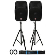 2 Rockville SPGN154 15" Passive 1600W ABS Plastic PA Speakers+Stands+Cables+Bags