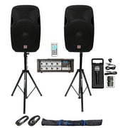 2) Rockville SPGN158 15" 1600W DJ PA Speakers+Powered Bluetooth Mixer+Stands+Mic