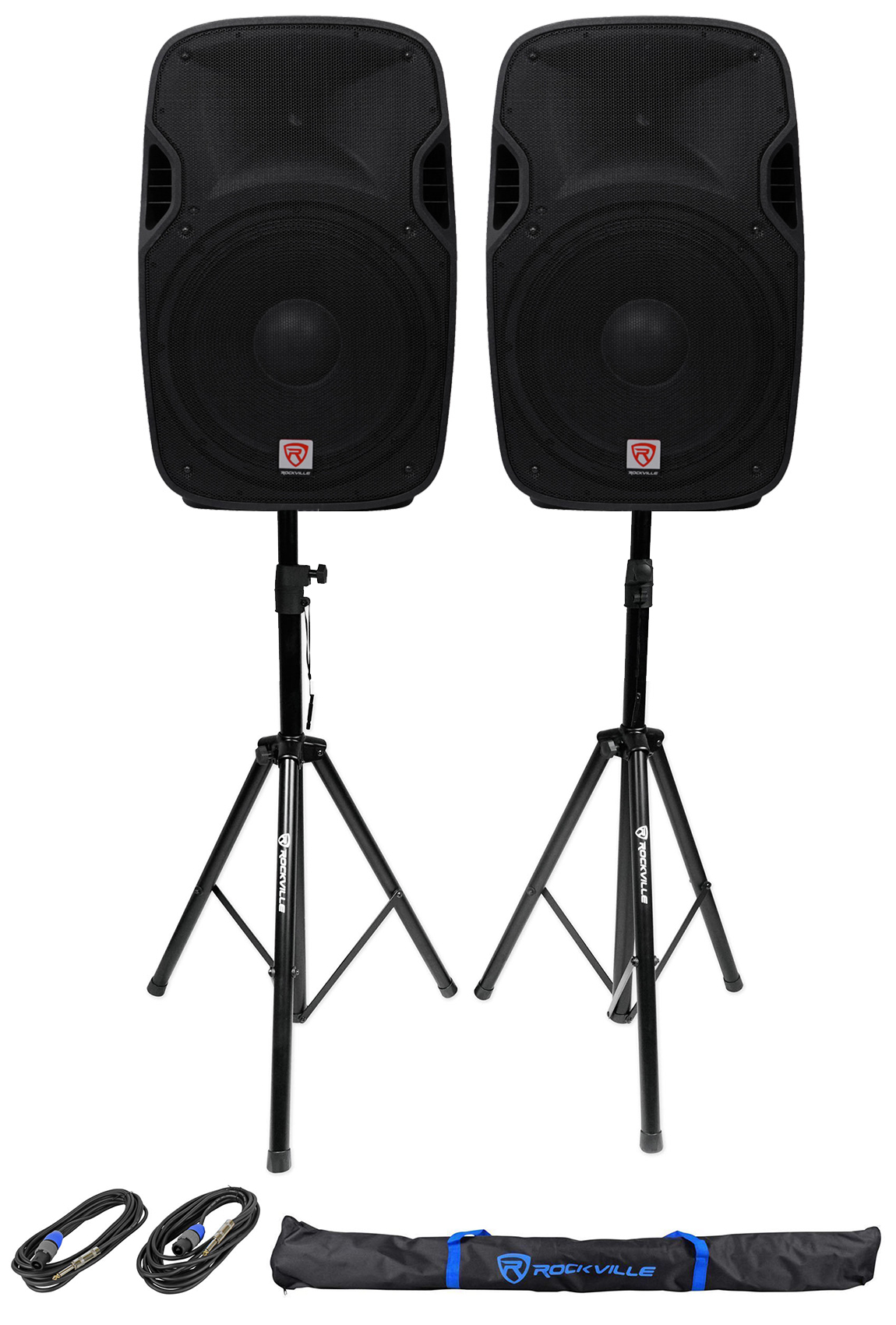 2 Rockville SPGN158 15" Passive 1600W ABS Plastic PA Speakers+Stands+Cables+Bags - image 1 of 25