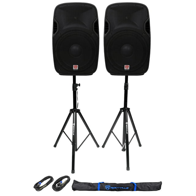 2 Rockville SPGN158 15" Passive 1600W ABS Plastic PA Speakers+Stands+Cables+Bags