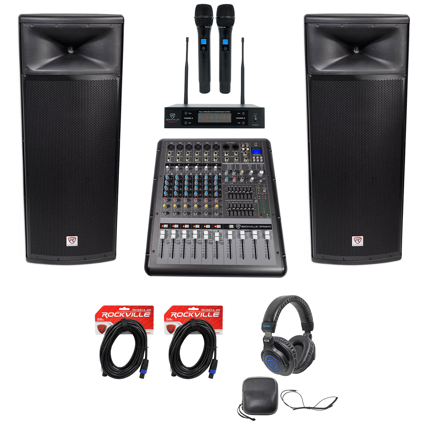 2 Rockville SPGN254 Dual 15” 4-Ohm DJ PA Speakers+Mixer+Wireless Mics+Headphones - image 1 of 12