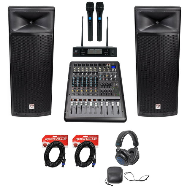 2 Rockville SPGN254 Dual 15” 4-Ohm DJ PA Speakers+Mixer+Wireless Mics+Headphones