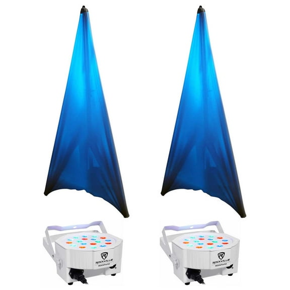 2 Rockville Tripod DJ PA Church Club Scene White Speaker Stands+Scrims+Up-Lights