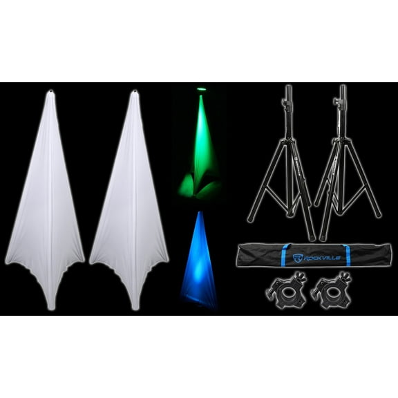 (2) Rockville Tripod DJ Speaker Stands+Scrim Werks White Cloth Cover+Carry Case