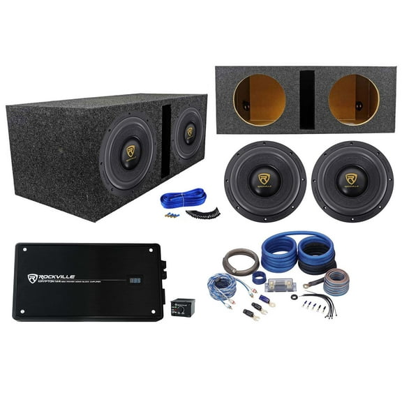 (2) Rockville W10K9D4 10" 6400w Subwoofers+Vented Sub Box+Mono Amplifier+Amp Kit