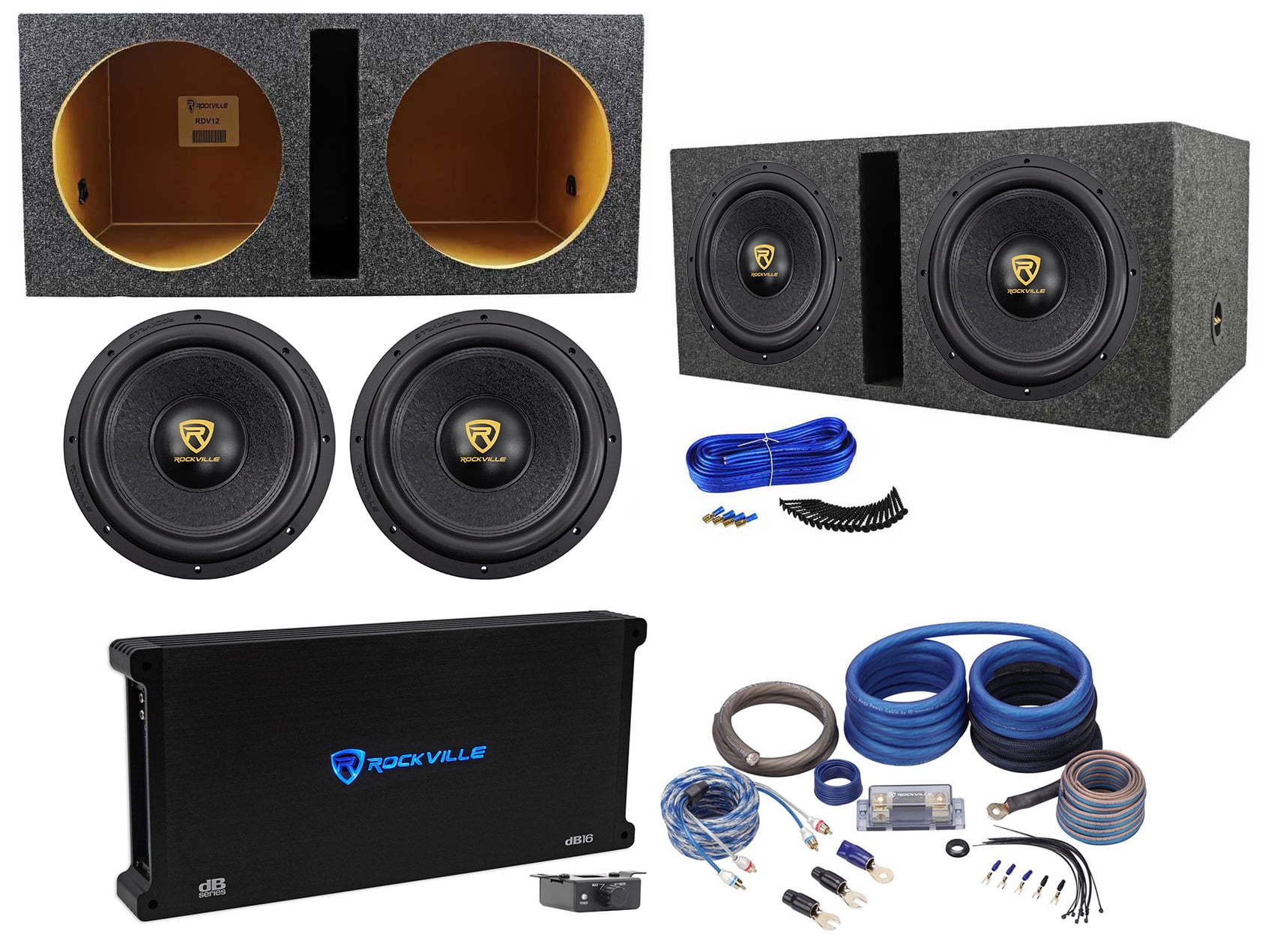(2) Rockville W12K9D2 V3 12" 8000w Subwoofers+Vented Sub Box+Mono