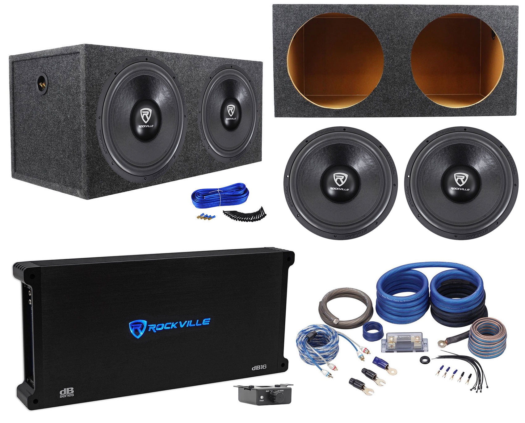 (2) Rockville W15K6D2 V2 15" 8000w Subwoofers+Sealed Box+Mono Amplifier+Amp Kit