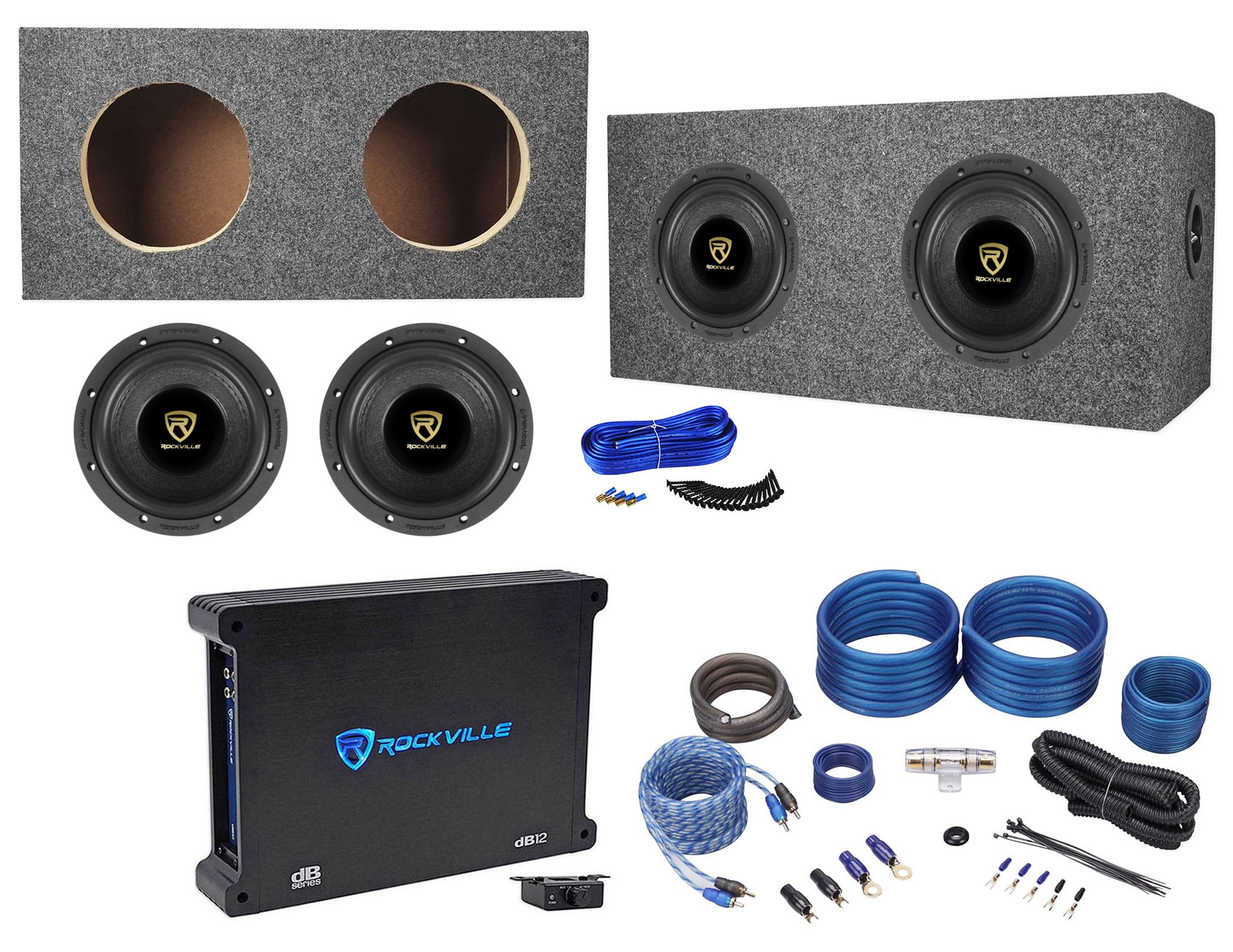 2) Rockville W65K9D2 6.5" 1000w Car Subwoofers+Sealed Box+Mono Amplifier+Amp Kit