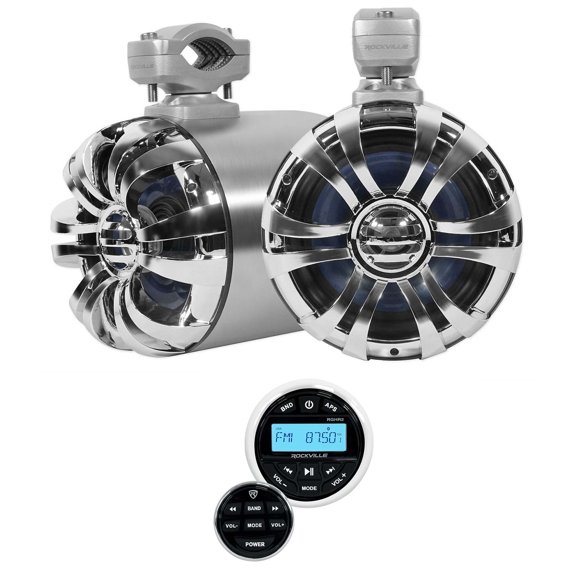 2 Rockville WB65 6.5" 600w Metal Marine Wakeboard Swivel Tower Speakers+Receiver