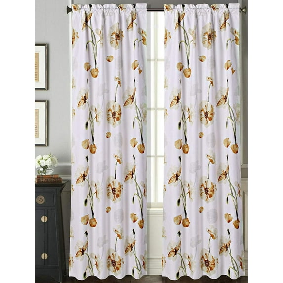 2 Rod Pocket Curtain Panels 84 Inches Long, Decorative Floral Print, Light Filtering Room Darking Thermal Foam Back Lined Curtain Panels for living/bedroom/patio door, DRP 84" Coffee/Taupe