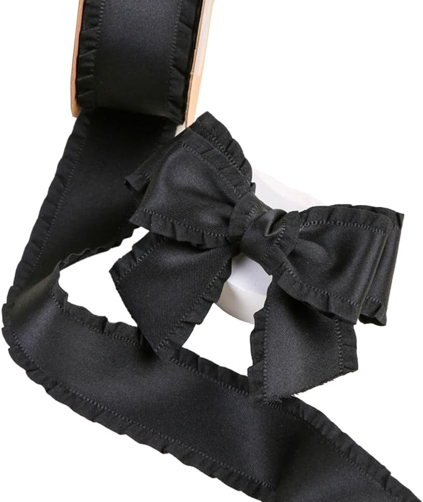 2 Roll 20 Yards 1 Inch Black Ruffle Edge Ribbon Polyester Soild Fabric ...