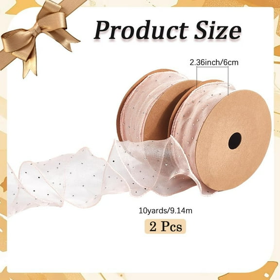 2 Roll 20 Yards 2 3/8 Inch Glitter Sheer Ruffle Edge Ribbon Pink Rhinestone Organza Ruffled Silk Mesh Yarn Iridescent Wired Ribbons Bulk for Sewing Making Crafts Bouquets Gift Wrapping DIY