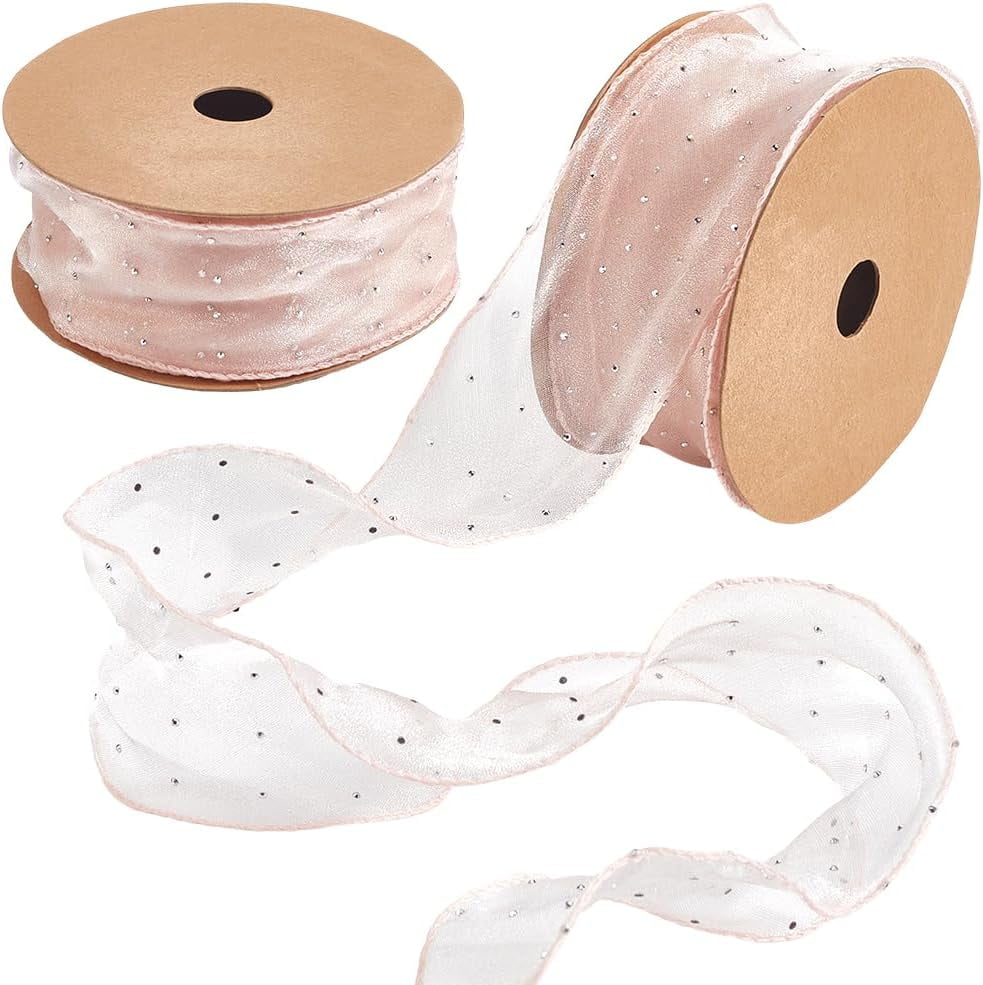 2 Roll 20 Yards 2 3/8 Inch Glitter Sheer Ruffle Edge Ribbon Pink ...