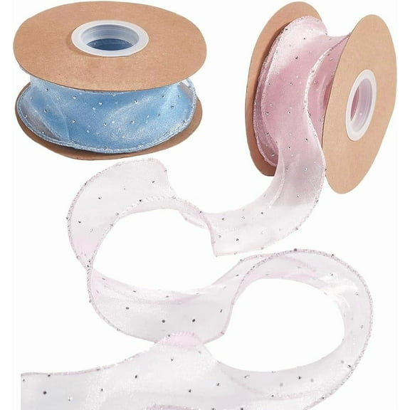 2 Roll 20 Yards 2 Inch Sheer Organza Wired Ribbon Transparent Pink Blue Rhinestone Fishtail Glitter Mesh Yarn Iridescent Ribbons Bulk for Sewing Making Crafts Gift Wrapping Wreath Diy Supply Colorful