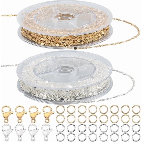 SMYHTGLIF 65.6 Feet Oval Cable Chain For Jewelry Making - 2 Rolls Gold & Silver Stainless Steel