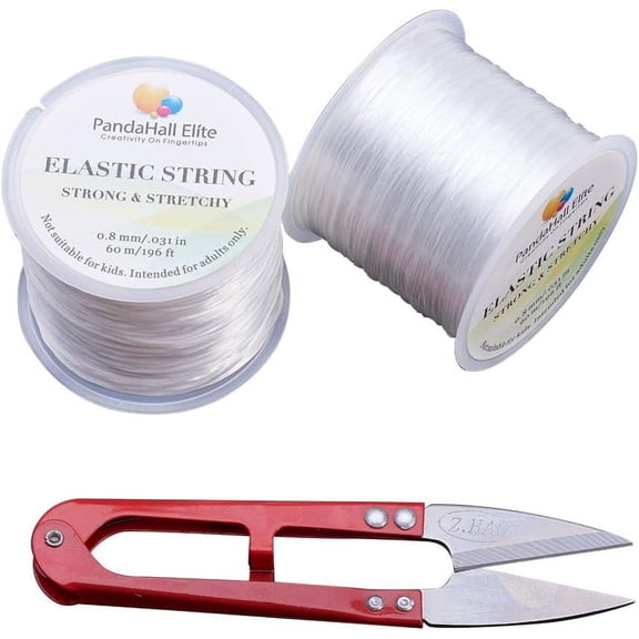 2 Roll (60m/Roll) 0.8mm Clear White Elastic Stretch Polyester String Cord with Thread Cutter Scissors for Jewelry Making White