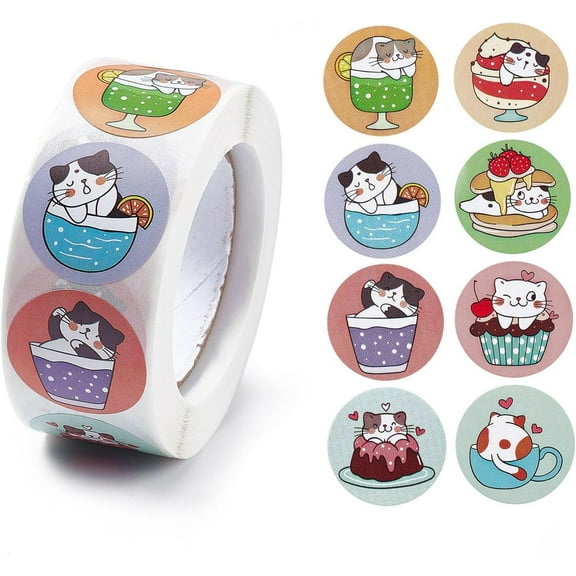 2 Roll 8 Patterns Paper Cartoon Sticker Rolls Round Dot Decals for Junk Journaling Scrapbooking Crafting DIY Projects Diaries and Art Supplies Cat Pattern Mixed Color 25mm 500pcs/roll