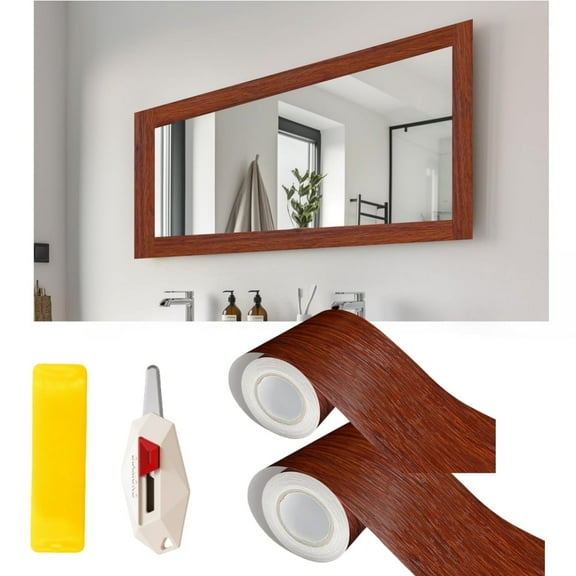 2 Roll Bathroom Mirror Frame Border Sticker Stick Wood Grain Wallpaper Border,Removable Waterproof Bathroom Mirror Frame Sticker,Waterproof Bathroom Mirror Frame Sticker,3.93'' x 392'',Brown