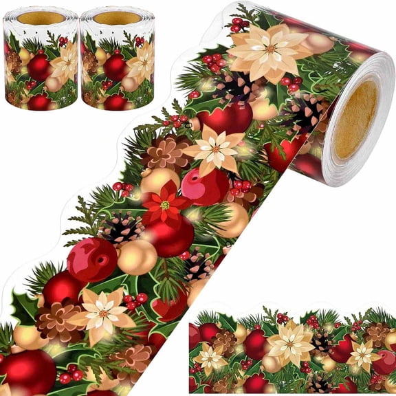2 Roll Christmas Bulletin Board Borders, Poinsettias Pine Cones Pine Needles Trim Border for Christmas Home Office and Classroom Decoration