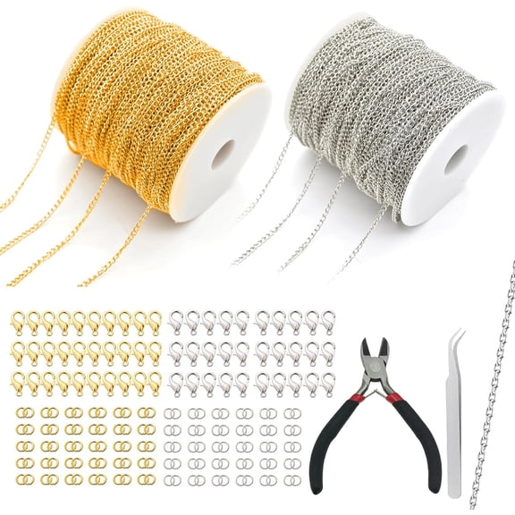 2 Roll Gold Silver Chain for Jewellery Making, 33 Feet 2.4mm DIY Craft Bracelet Necklace Making Chains with 60 Lobster Clasps and 120 Jump Rings, Small Pliers Tweezers