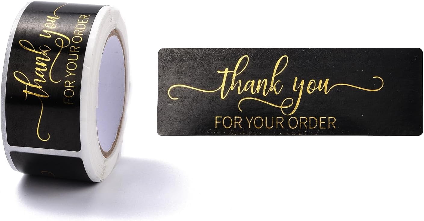 2 Roll Thank You Stickers Black and Gold Color Rectangular Labels for ...