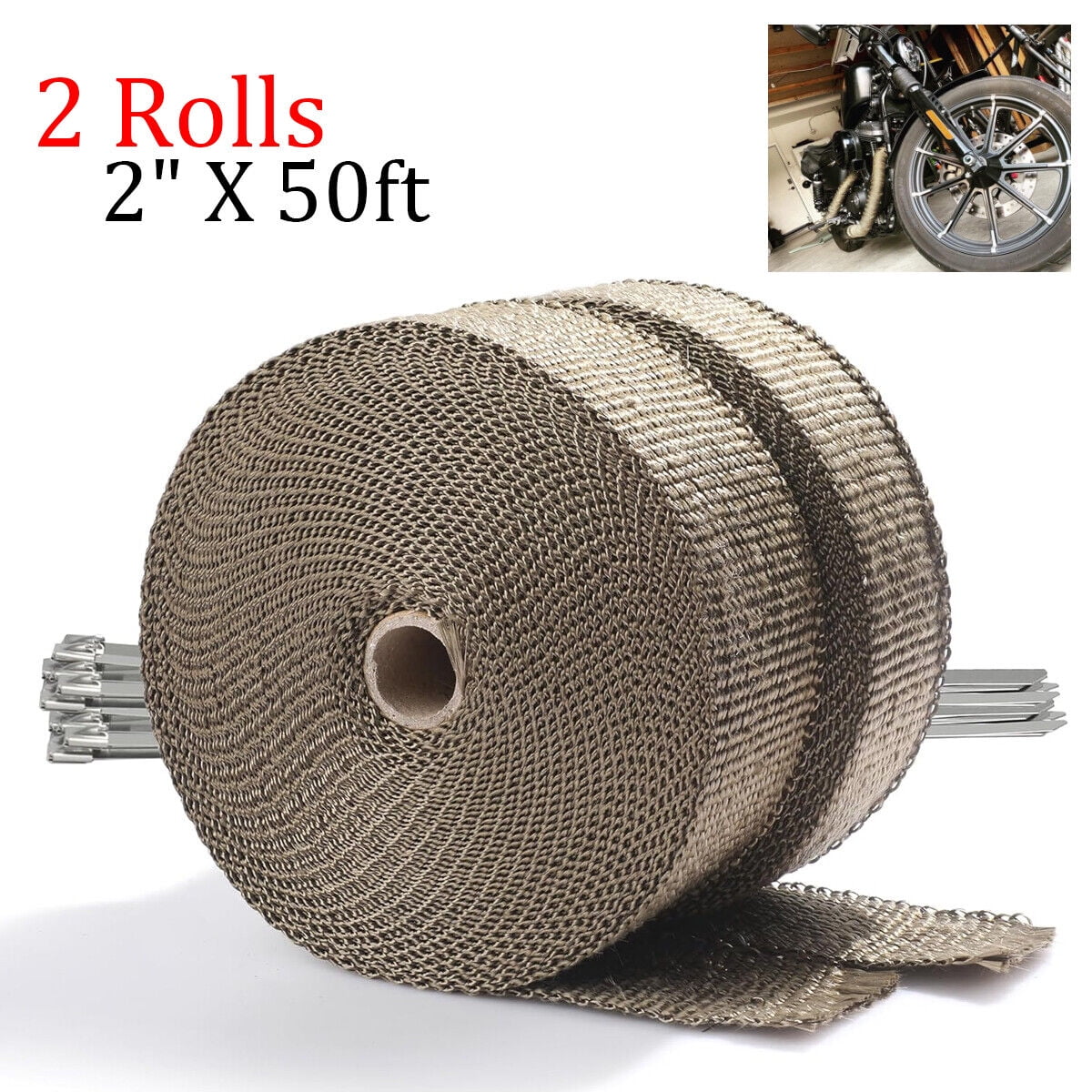 Type O Negative LP 2 Roll X 2" 50ft Titanium Lava Header Manifold Exhaust Heat Wrap Tape Ties Kit Bend Her - Foto 4