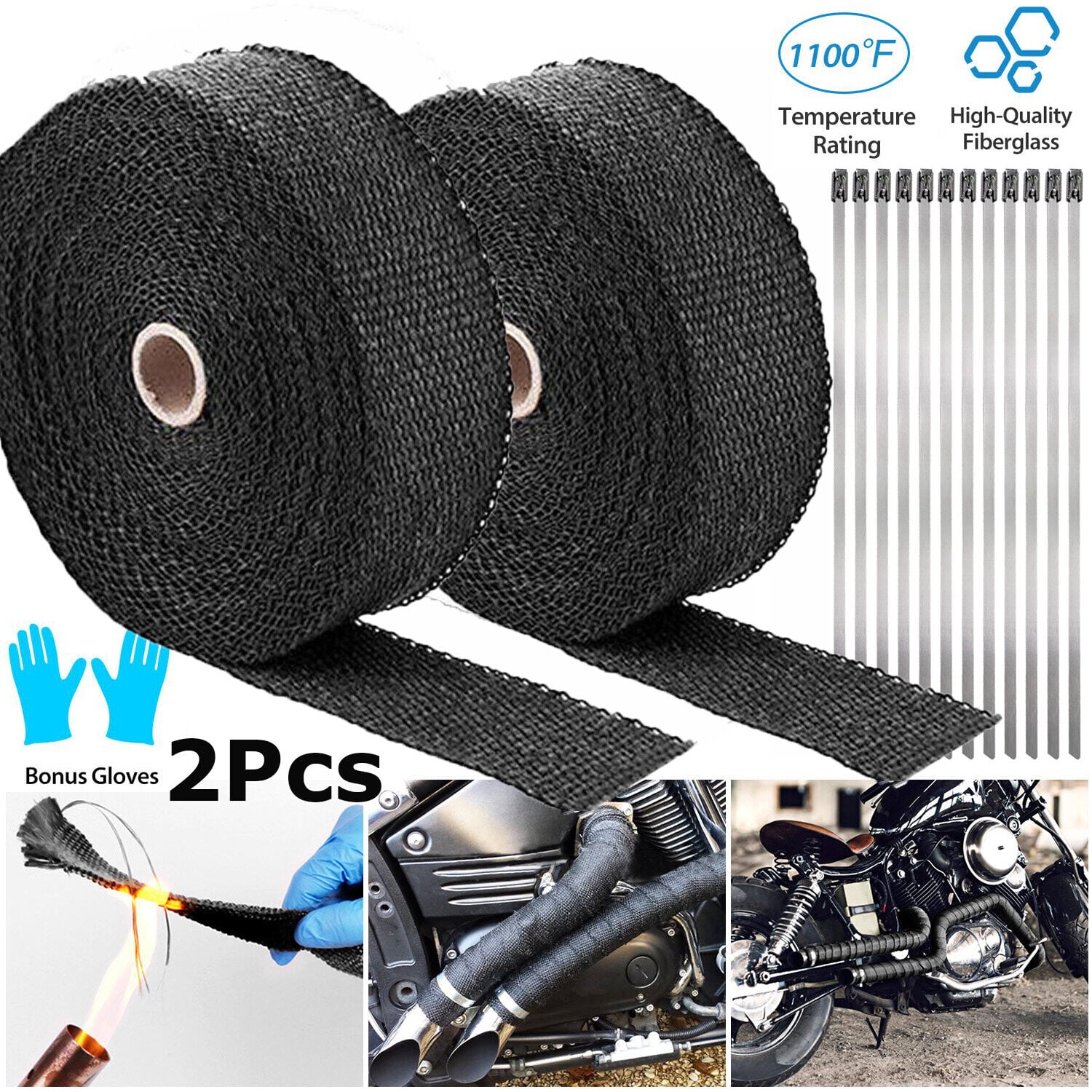 2 Roll x 2" 50FT Black Exhaust Wrap Header Manifold Fiberglass Heat